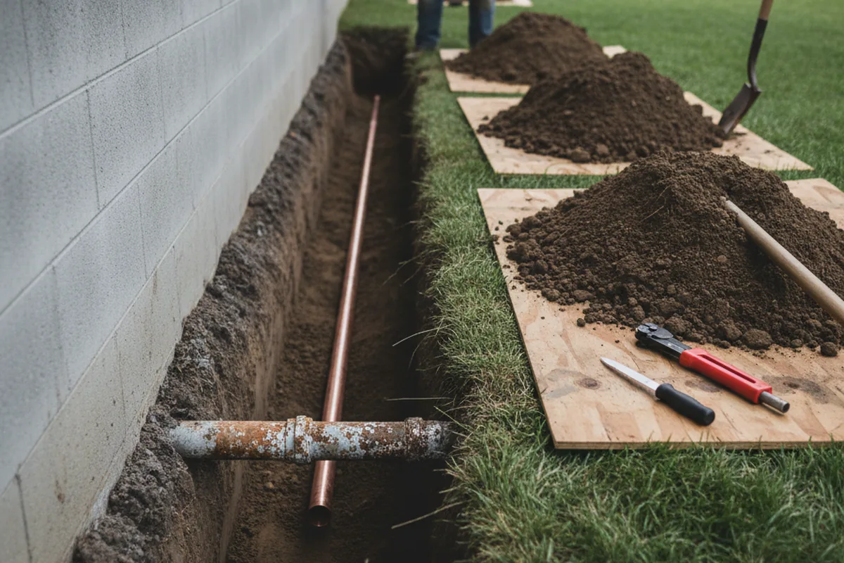 Excavated water line trench during Water Heater Repair in Farmingdale